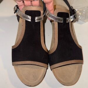 Naot Fiona Black and Tan Sandals with Silver Accents